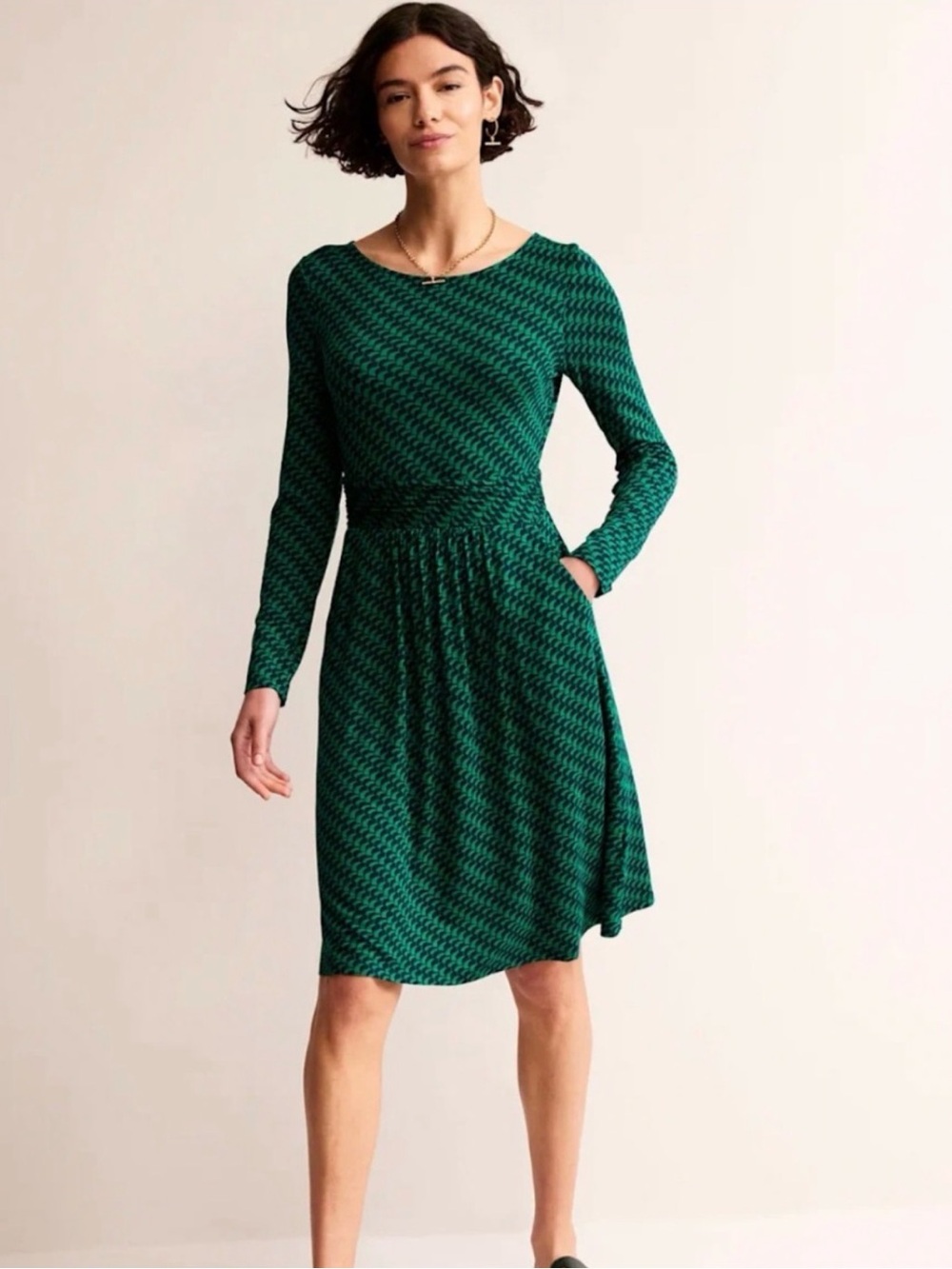 NWT Boden Abigail Long Sleeve Jersey Dress Womens Size 6P Green Navy Blue